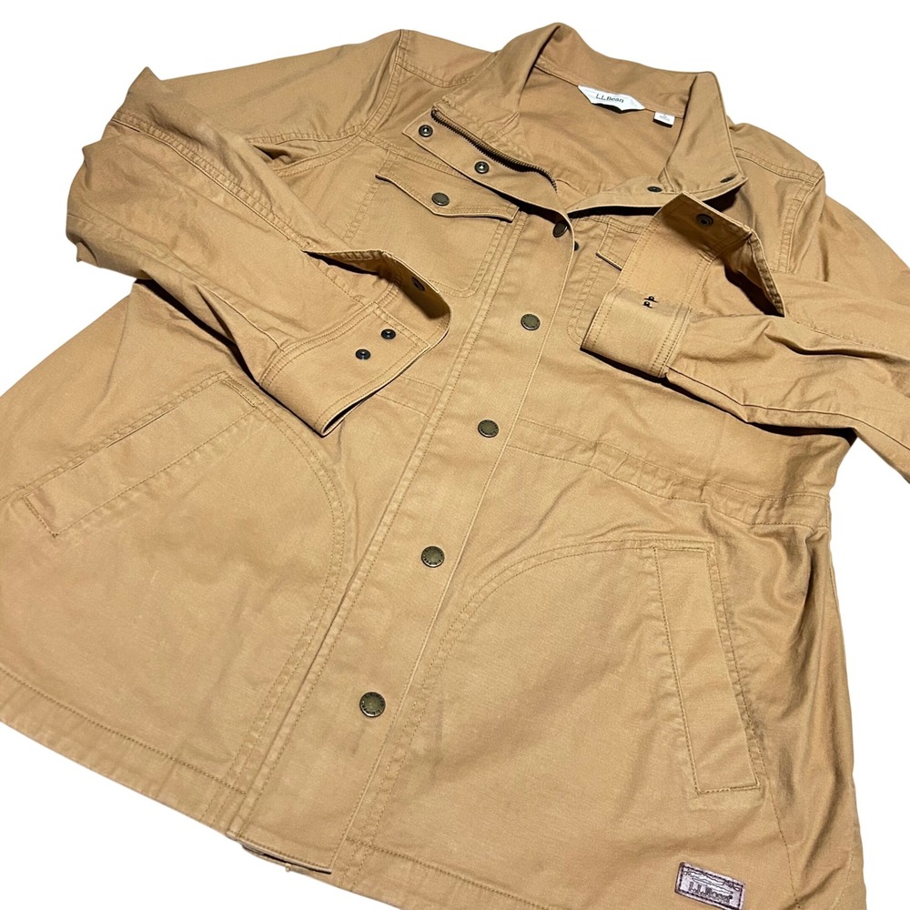 L.L. Bean Utility Field Jacket Women Large Tan Cotton Canvas Cargo Pocket
